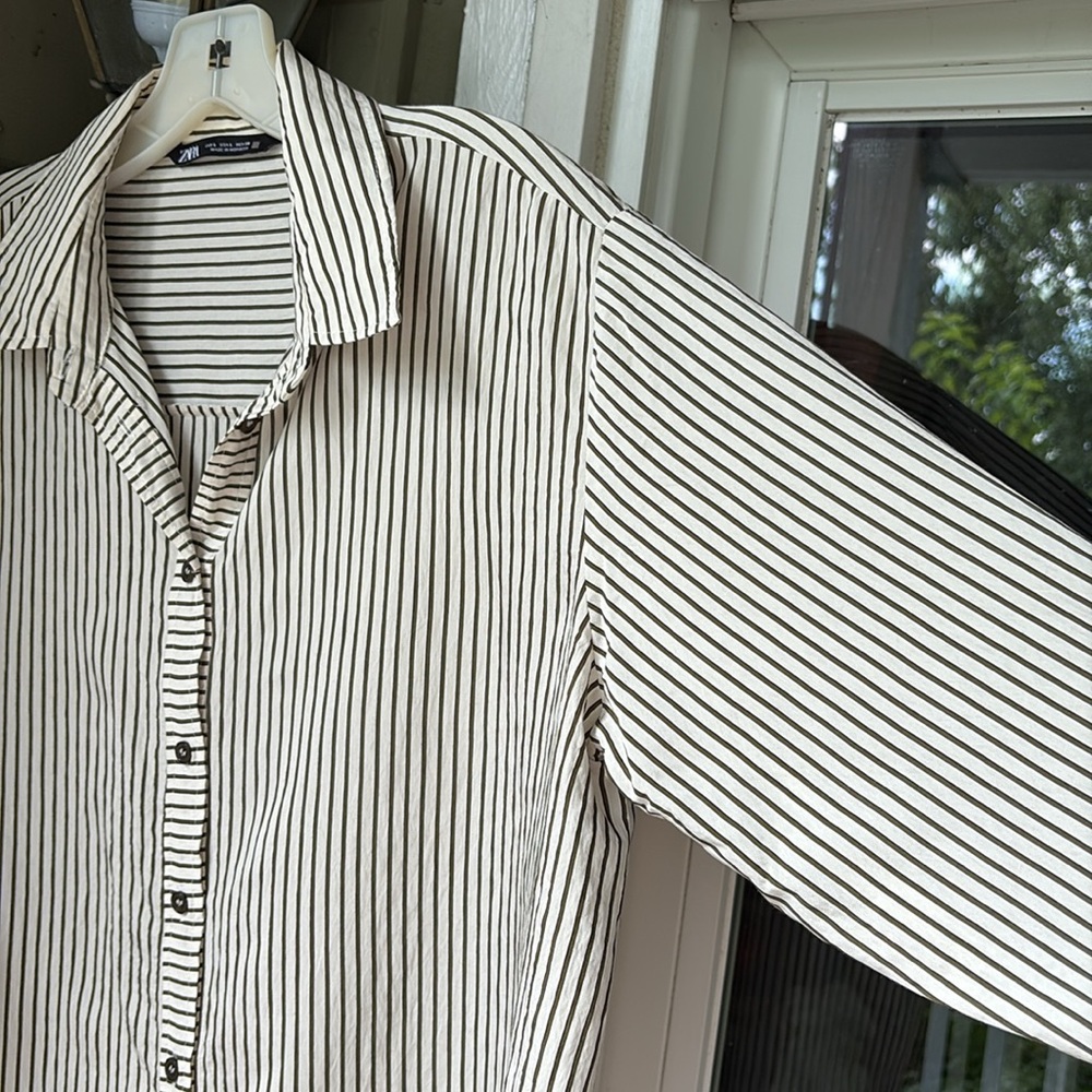 Zara Deep army green and ivory Striped Shirt. Sz L. EUC. - Picture 3 of 7
